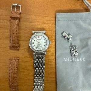 Michele Silver Watch with Tan Strap